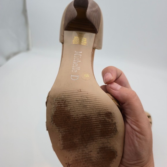 Michelle D Women Size 8 wooden Heels Sandals Strappy Tan yellow Leather peep toe - Picture 11 of 16